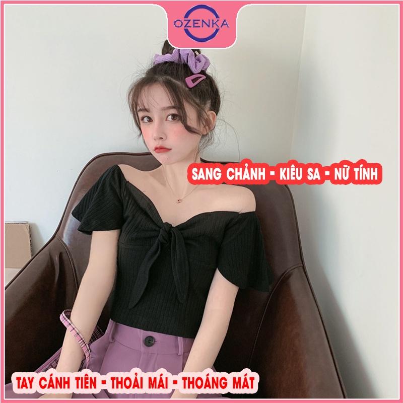 Hình ảnh Áo croptop ngắn tay cánh tiên nữ, áo thun ôm trễ vai gợi cảm nữ tính thun gân 100% cotton đen trắng dưới 50kg