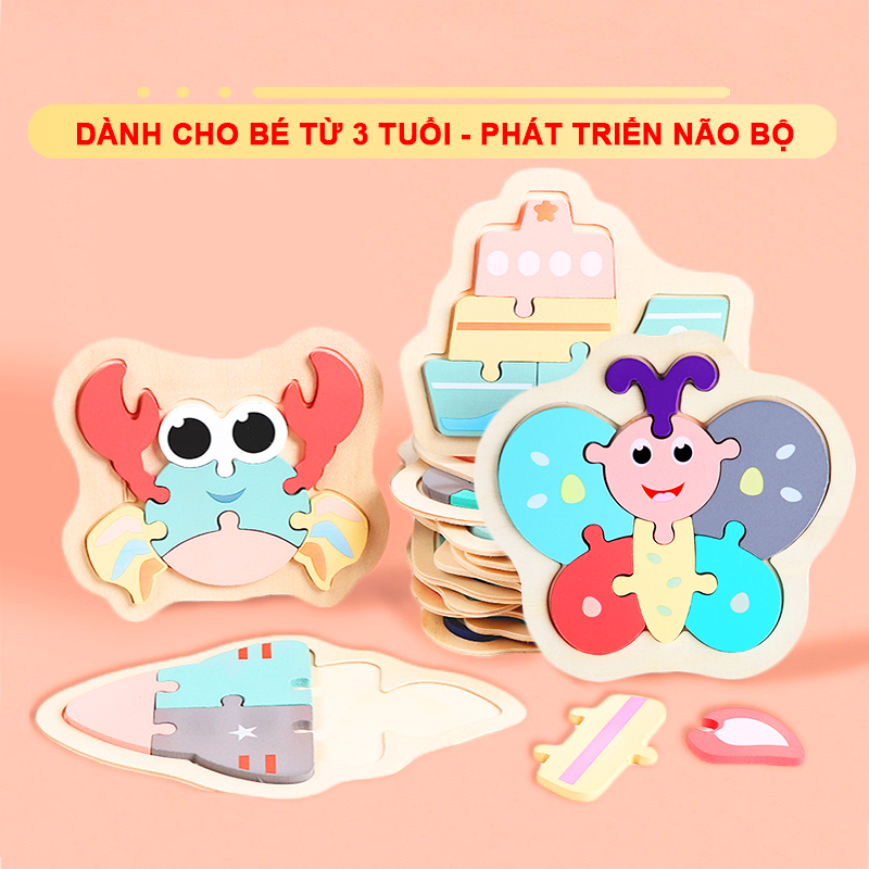 Tranh ghép gỗ 3D cao cấp mẫu mới chủ đề động vật và phương tiện giao thông đủ mà sắc cho bé 0-3 tuổi – DC034