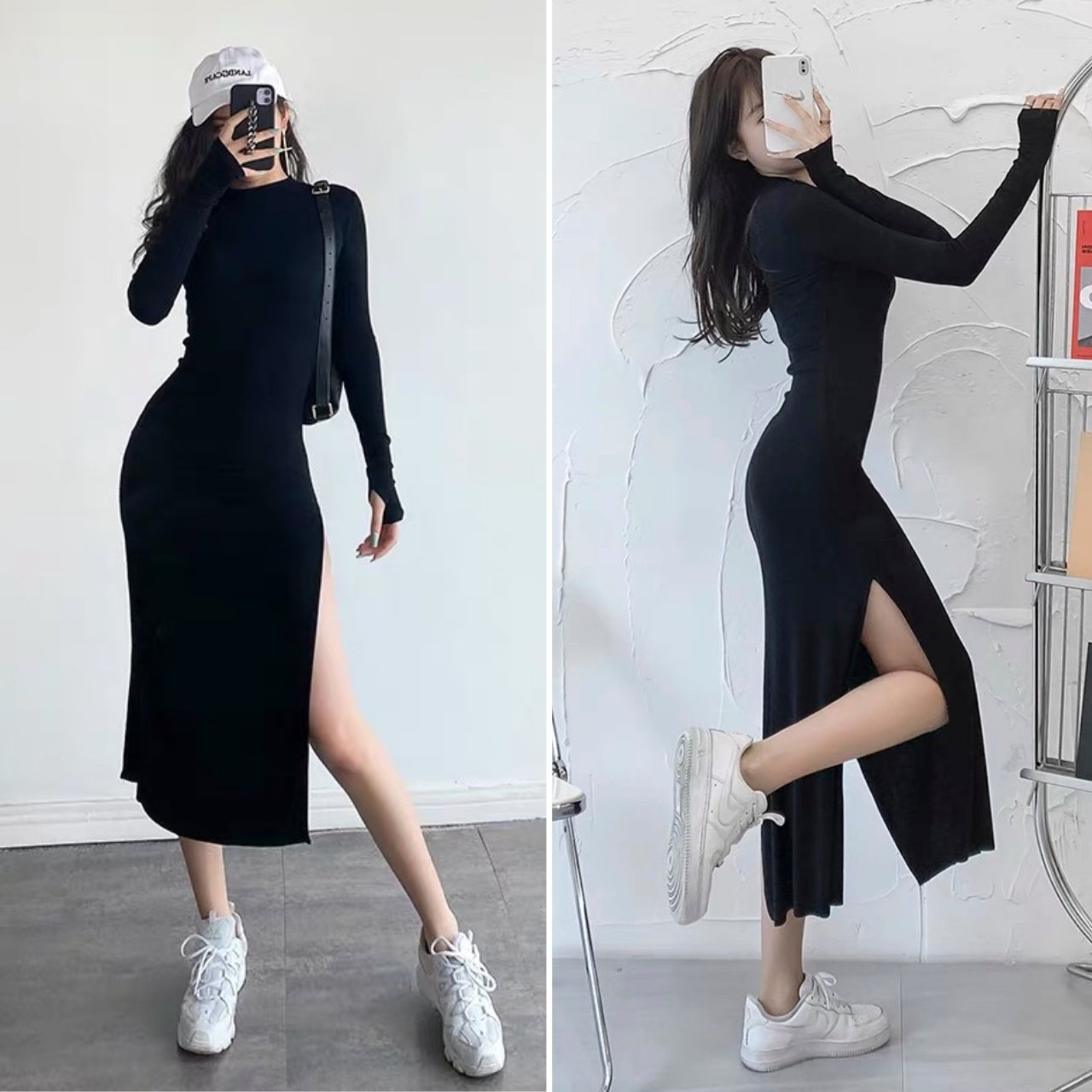 Đầm Body Thun Tay Dài Xẻ Tà Năng Động Màu Đen