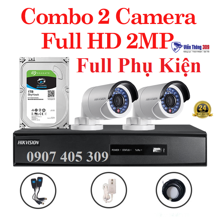 Trọn bộ 2 Camera Quan Sát Hikvision Full HD 1080P, có sẵn phụ kiện, cắm điện là chạy