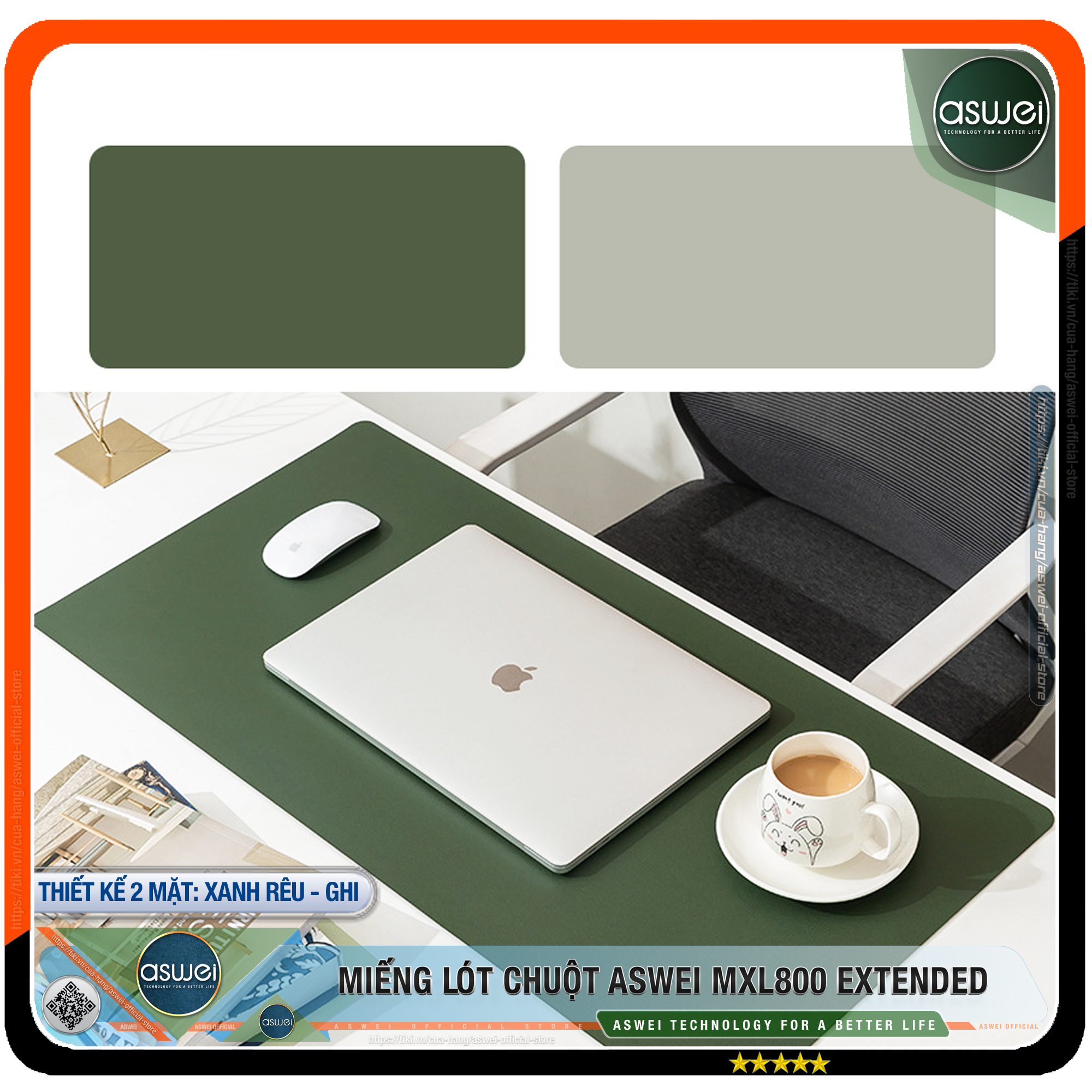Lót Chuột ASWEI - Pad Chuột MXL800 Extended 80x40 - Miếng Lót Chuột Sử Dụng 2 Mặt Tiện Lợi - Chất Liệu Da Pu Cao Cấp - Tấm Lót Chuột Chống Nhăn, Không Thấm Nước - Hàng Chính Hãng