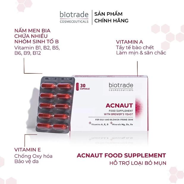 Viên uống giảm mụn đẹp da chống lão hoá Biotrade Acnaut Food Supplement