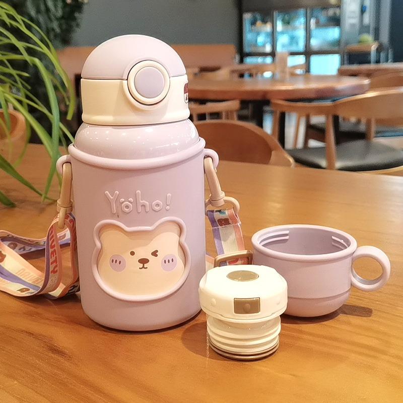 450Ml Hoạt Hình Dễ Thương Gấu Bình Giữ Nhiệt Trẻ Em Inox Có Ống Hút Cốc Hút Chân Không Bình Giữ Nhiệt Cà Phê Sữa Di Động Cốc Cách Nhiệt cốc