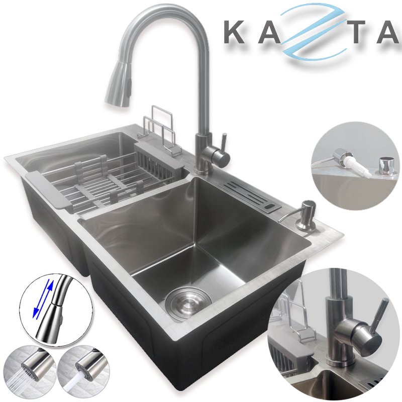 Combo Chậu Rửa Chén Bát Cao Cấp KAZTA KZ-CB8245KR Inox Gồm: Chậu Rửa Chén, Vòi Rửa Chén Nóng Lạnh Đầu Rút Inox Và Phụ Kiện Đi Kèm