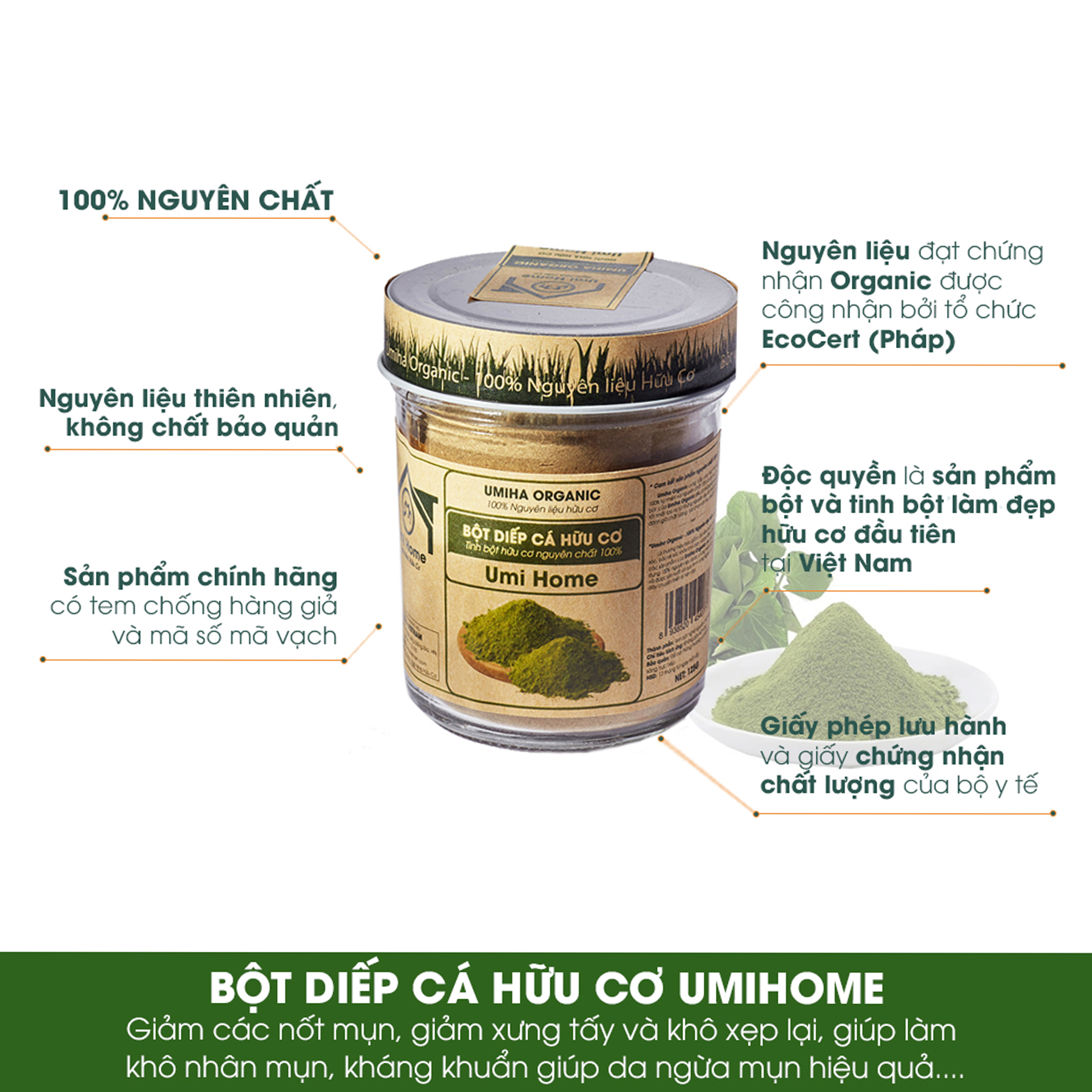 Bột Diếp Cá Nguyên Chất UMIHOME (135g) - Dùng cho thanh nhiệt giải độc, đắp mặt hỗ trợ trị mụn, giảm nhờn hiệu quả