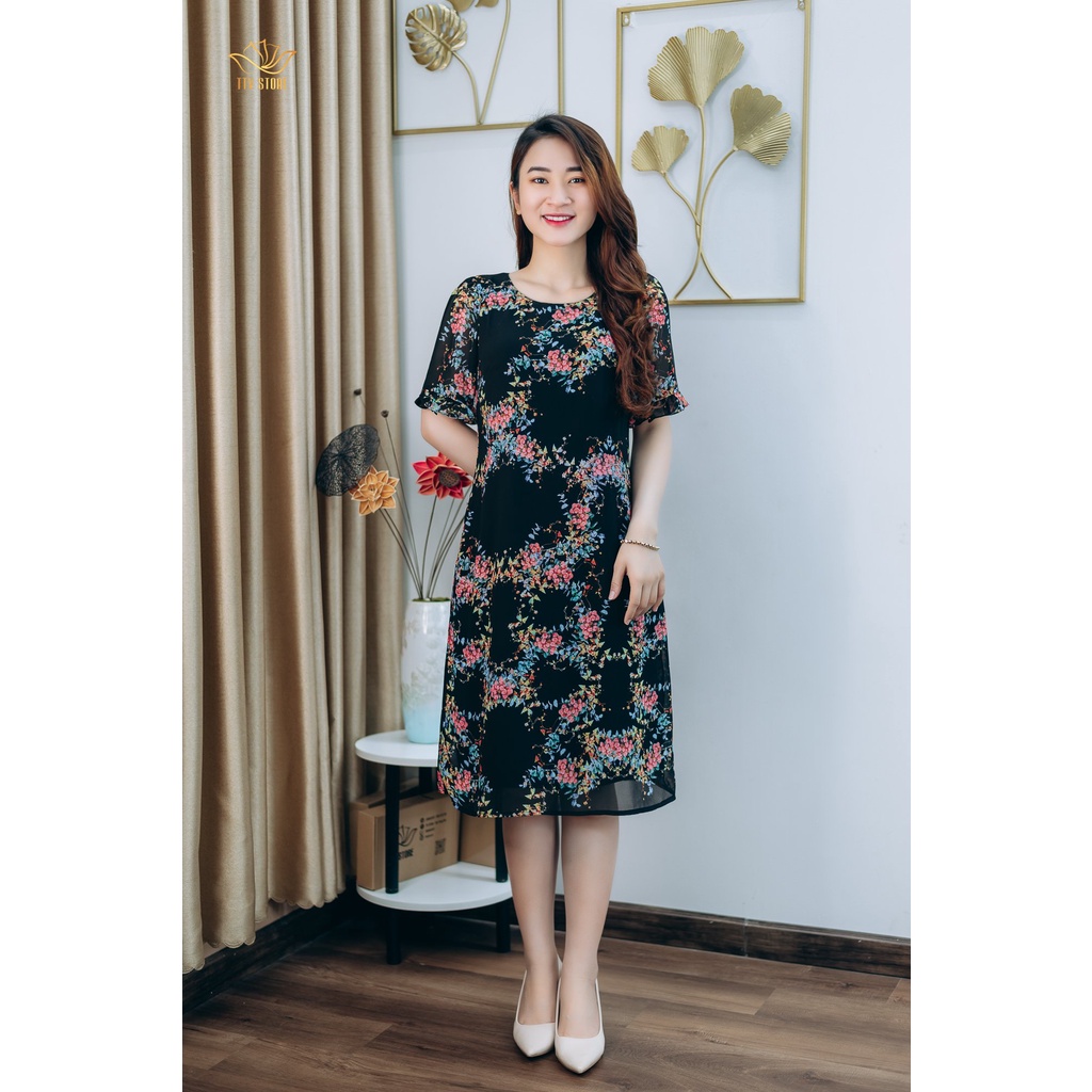Đầm suông thiết kế trung niên sang trọng Cổ tròn tay ngắn màu Đen họa tiết hoa TTV STORE TTV1241