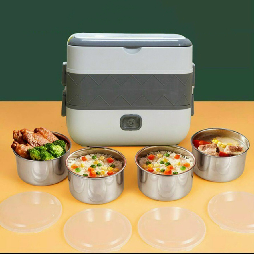 Hộp cơm cắm điện văn phòng Lunch Box tự nấu hộp cơm hâm nóng thức ăn 2 tầng 4 khay inox 304 có nắp chống tràn