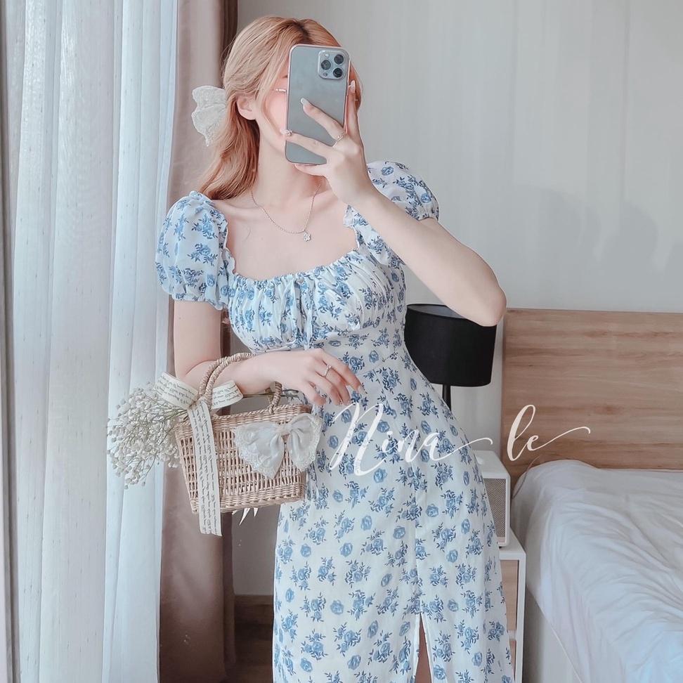 Váy Hoa Cổ Vuông Dáng Dài Xẻ Tà Nhún Ngực