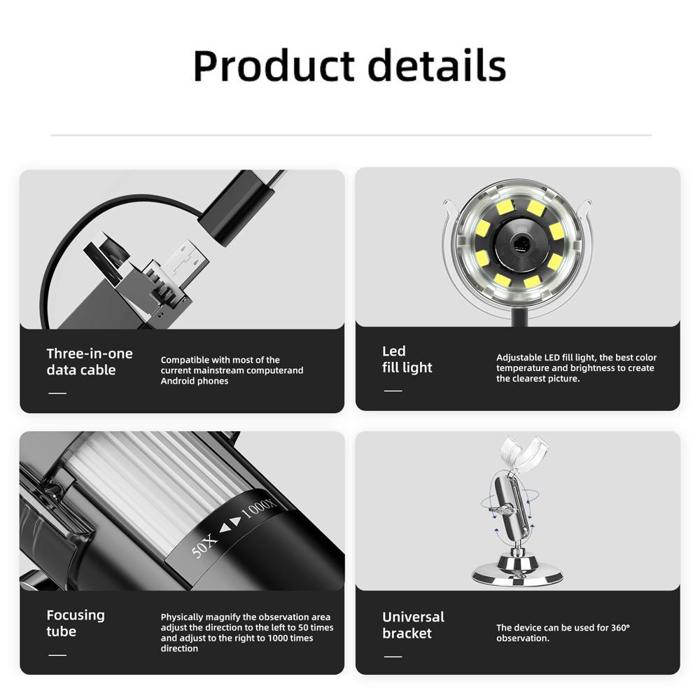 3 In 1 Interfaces Microscope 1080P 300000 Pixels 1000X Portable Digital Microscope Photo Video Modes Multi-function Microscope Computer Mobilephone Connecting 360° Bracket 8 LED Adjustable Fill-light for Daily Observation