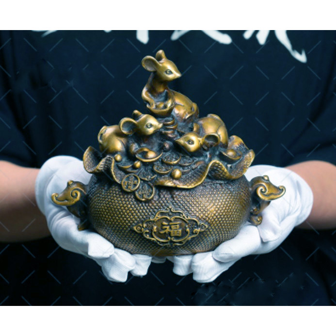Tượng ba con chuột trên hũ tiền bằng đồng thau phong thủy Hồng Thắng