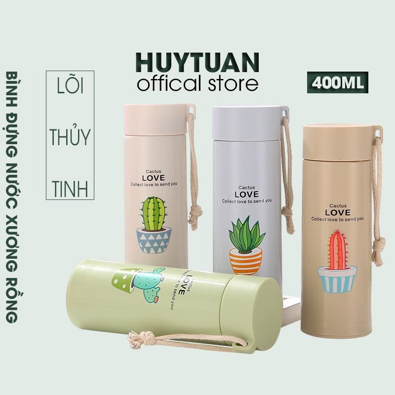 Bình đựng nước lõi thủy tinh họa tiết xương rồng dễ thương dung tích 400ml