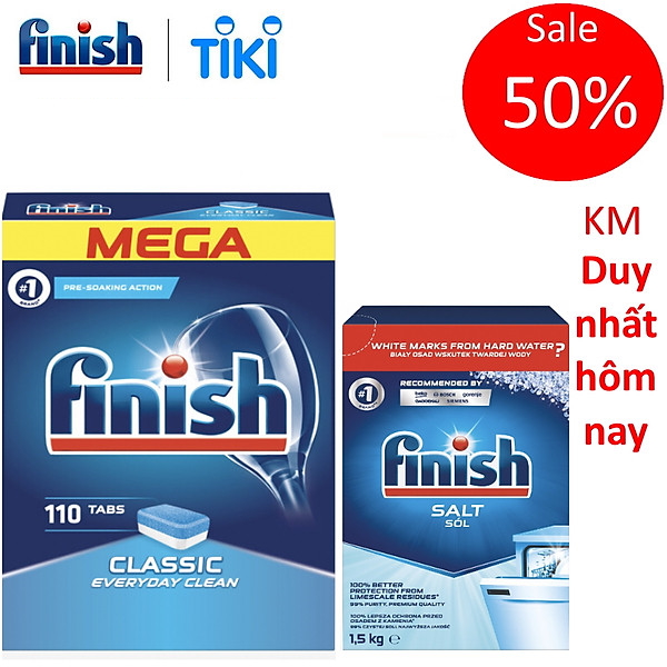 Viên rửa bát Finish 110 viên + Muối Finish 1.5kg dùng cho Máy Rửa Bát Chén