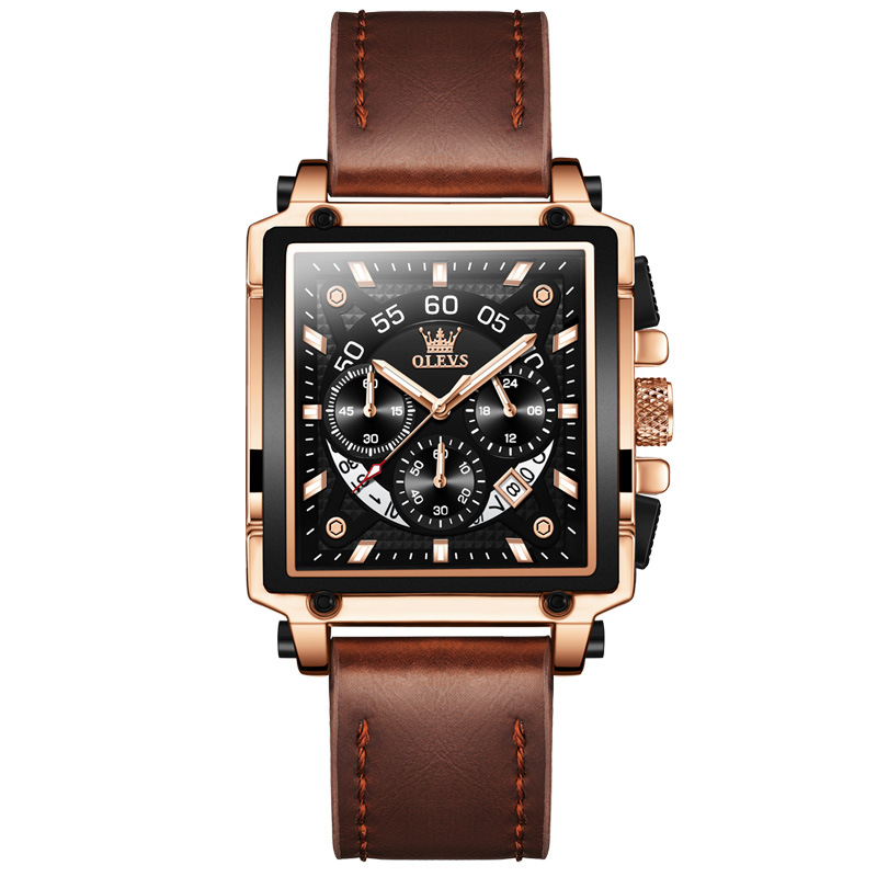 Đồng Hồ Nam OLEVS-9919 Mặt Vuông Cá Tính Mạ Vàng 18K Phong Cách Chronograph Chạy Đủ 6 Kim Có Ô Lịch Ngày, Dây Da Mềm, Rửa Tay Đi Mưa Bơi Lội