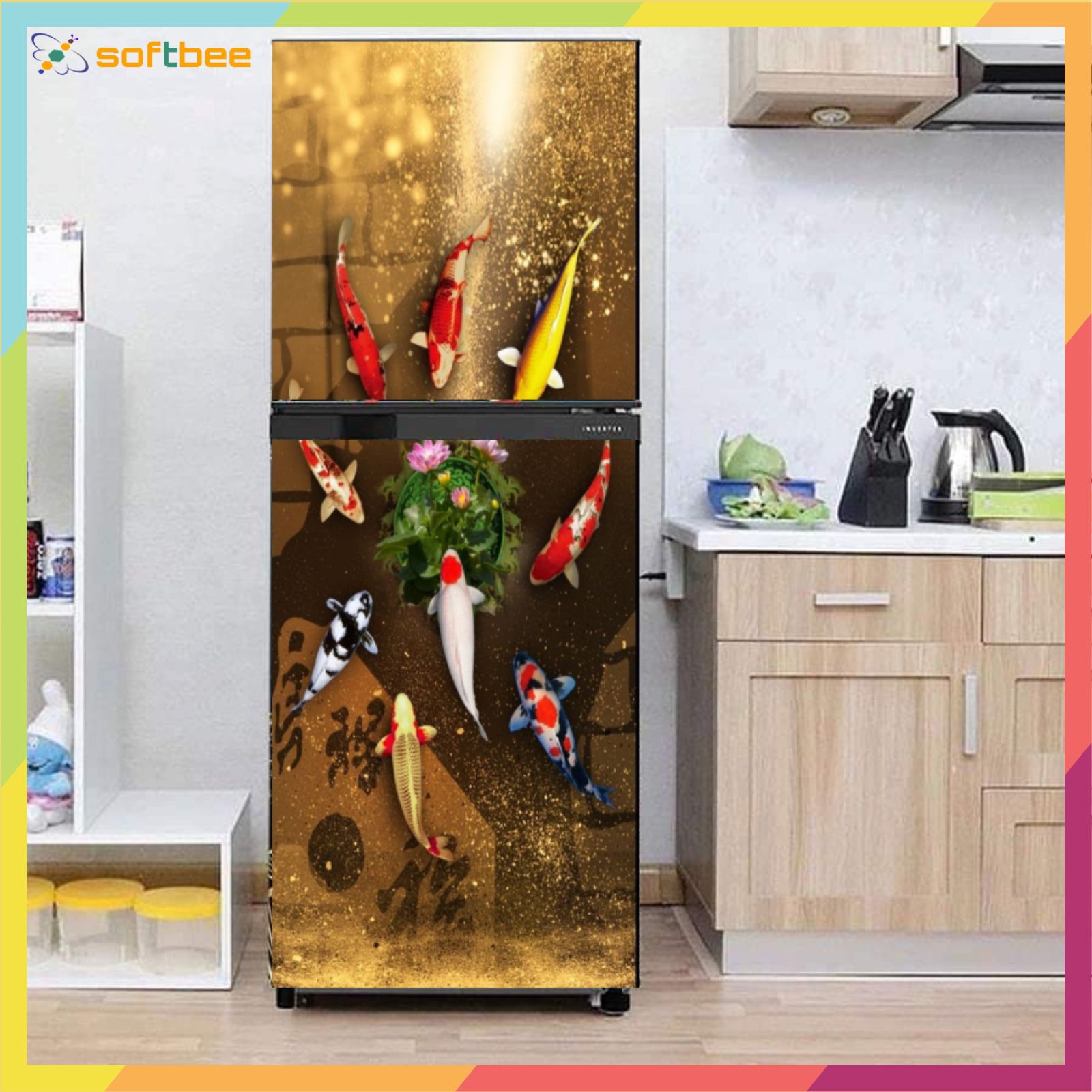 Miếng dán tủ lạnh máy giặt in hình cá koi quậy tròn, bao gồm 4 kích thước chọn lựa, decal không thấm nước