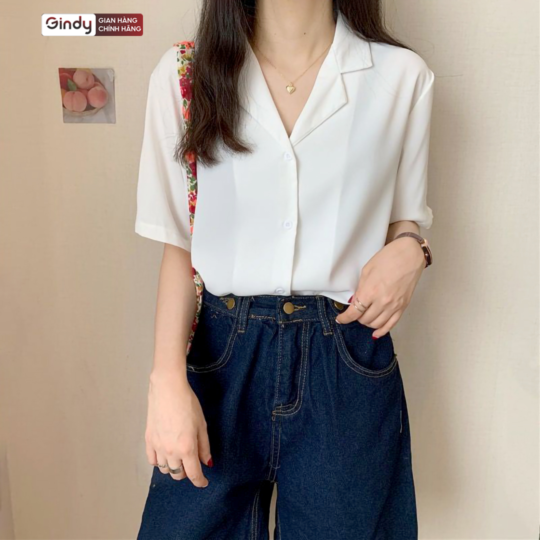 Áo sơ mi nữ trơn GINDY form rộng tay ngắn cổ vest dáng suông nhiều màu sơmi kiểu Hàn Quốc A5145