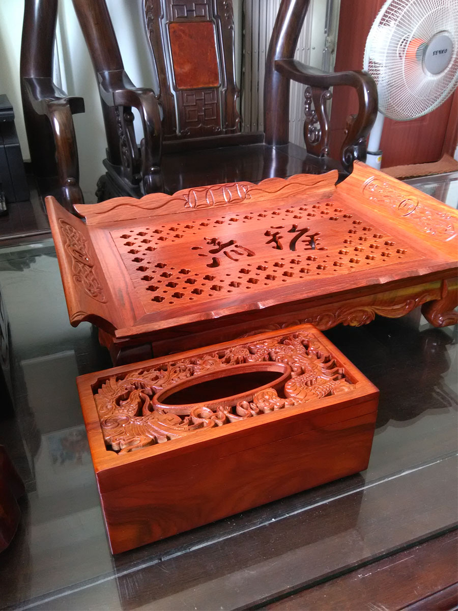 Bộ 3 món tiện ích bằng gỗ hương trạm khắc mặt hộp Trà lớn, hộp giấy chữ nhật, hộp tăm - 3MTL01
