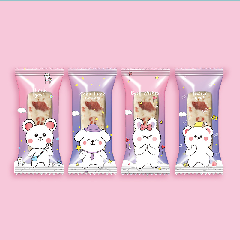 Túi gói kẹo Nougat, Túi đựng bánh cookie, vỏ túi đóng kẹo hạnh phúc size 4*9 cm (gấu thỏ tím)