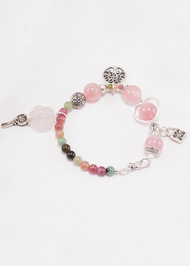 Vòng tay đá Tourmaline phối thạch anh hồng charm khóa Ngọc Quý Gemstones