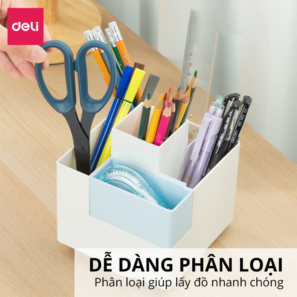 Hộp Đựng Bút Deli, Ống Đựng Bút Xoay 360 Độ 4 Tầng 6 Ngăn Màu Pastel Decor Trang Trí Bàn Học Dùng Cắm Bút Viết, Đồ Văn Phòng Phẩm, Hộp Đựng Cọ Trang Điểm
