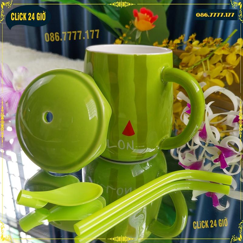 Cốc Hình Quả Dưa Hấu Gốm Sứ Khử Chì - Ly Uống nước Decor Size To Hình Trái Cây Siêu Đẹp Tặng Kèm Muỗng Và Ống Hút Đẹp