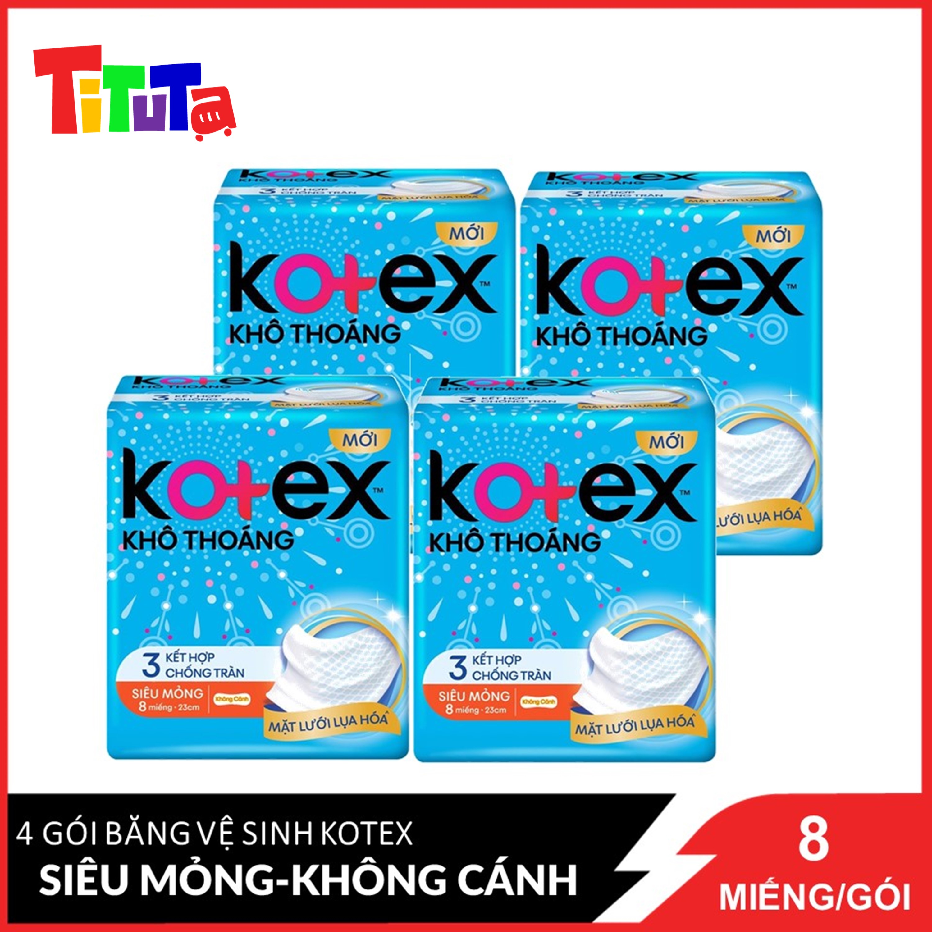 Combo 4 Băng Vệ Sinh Kotex Khô Thoáng 23cm Siêu Mỏng Không Cánh 8 Miếngx4