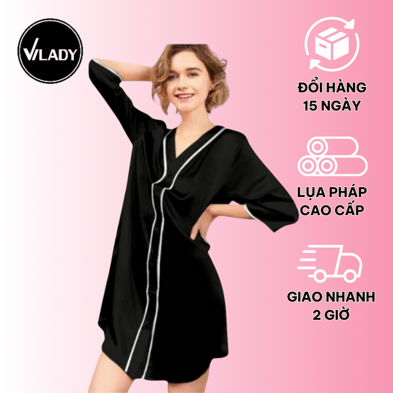 Váy ngủ nữ, váy lụa cao cấp VILADY - V120 màu Đen quý phái, kiểu cổ V tay lỡ phối viền, chất liệu lụa Pháp
