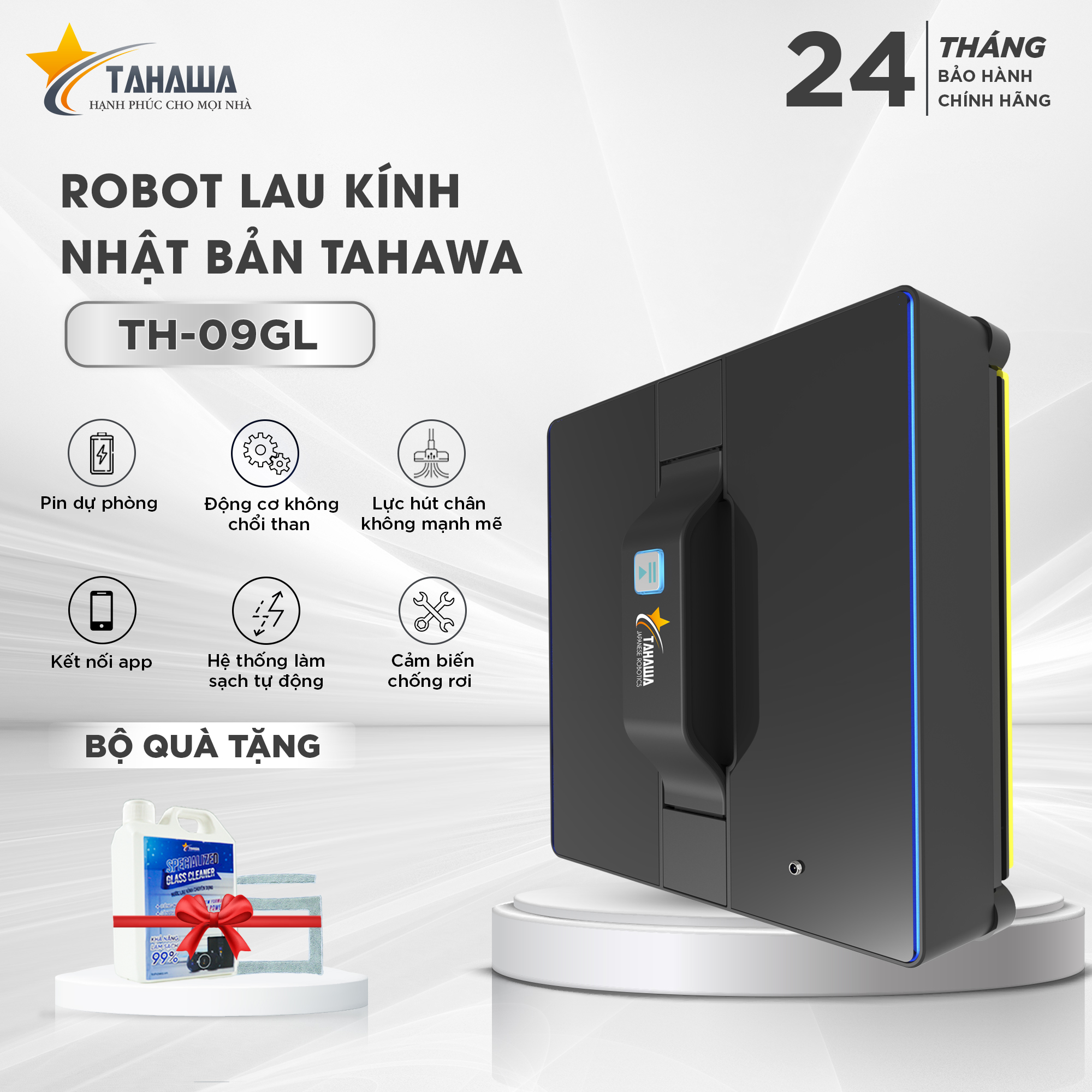 Robot lau kính TAHAWA TH-09 GL Robot lau kiếng Tặng Gối massage Robot lau kính tự động lập trình sẳn, vắt và lau theo mọi hướng, giúp làm sạch bề mặt kính nhanh chóng, an toàn và kỹ lưỡng.