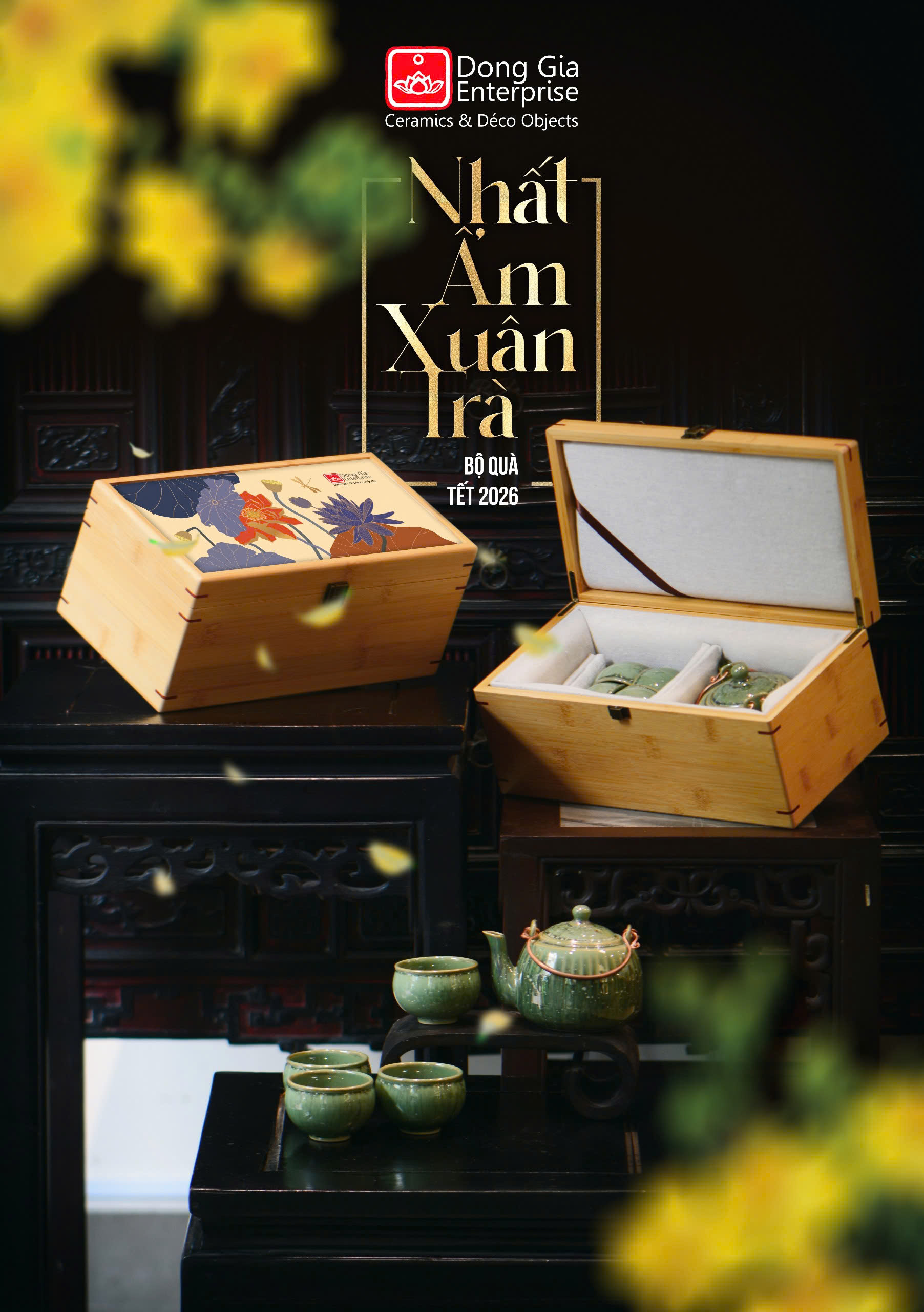 Bộ QT hộp tre ấm mùa xuân nhỏ + 04 chén DG24 (Men 0014) - Đông Gia