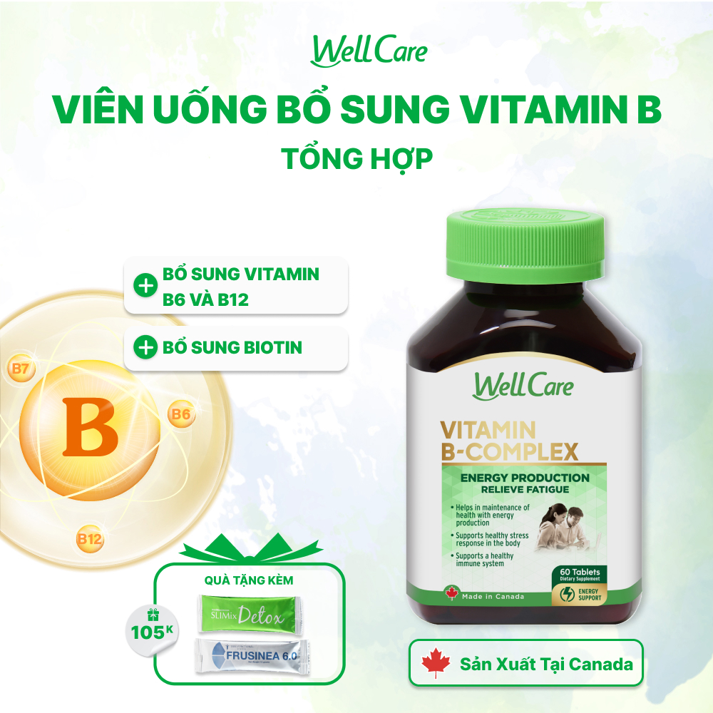 Viên uống bổ sung Wellcare Vitamin B-Complex chứa các loại vitamin B6, B12 và Biotin giúp cho cơ thể tràn đây năng lượng, giảm mệt mỏi căng thẳng