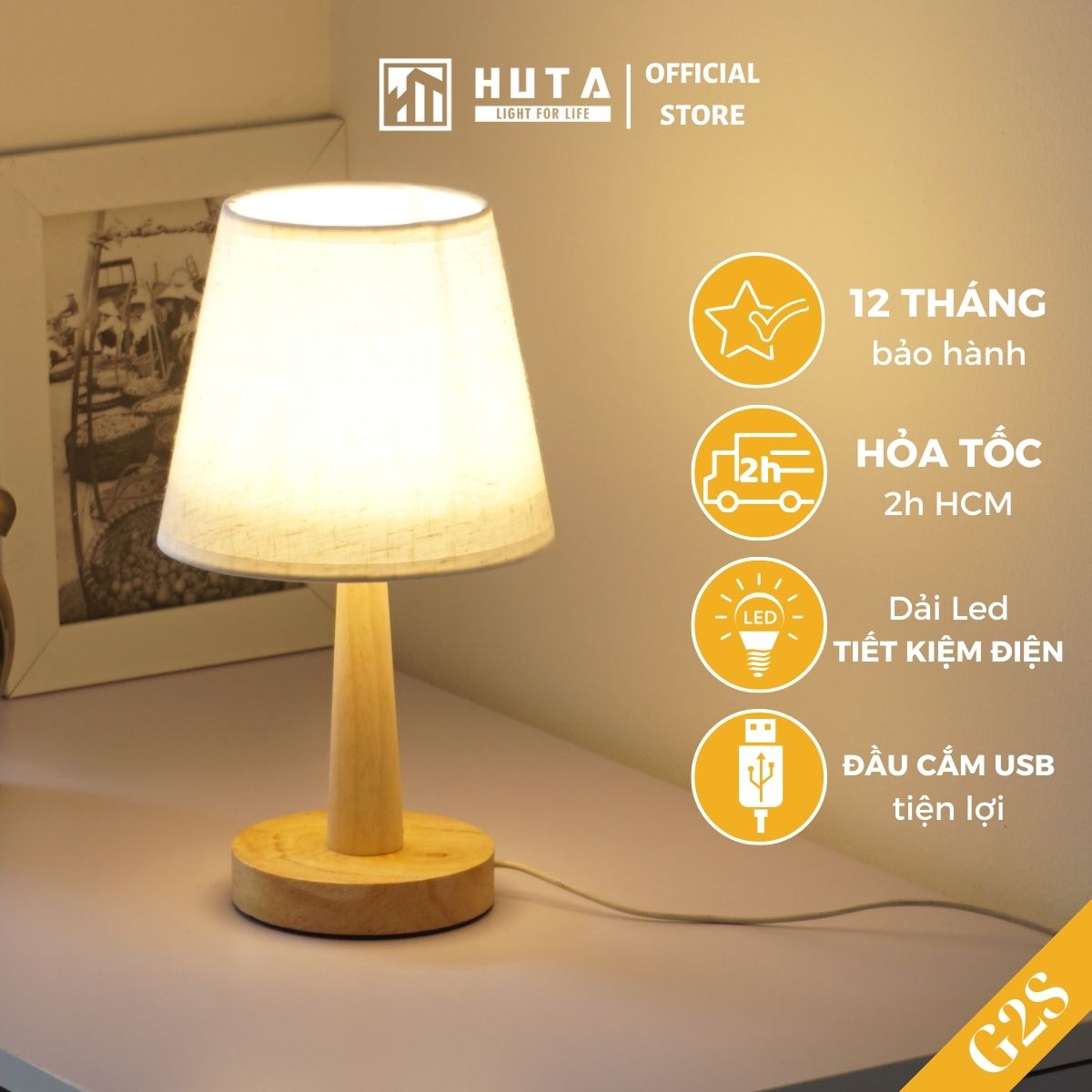 Đèn Ngủ Để Bàn Huta G2S Gỗ Chao Nón Vintage Dễ Thương Decor Trang Trí Phòng Ngủ, Đọc Sách Đầu Giường, Đầu Cắm Usb, Đèn Vàng Bóng Led Tiết Kiệm Điện - Chao Vải Lanh