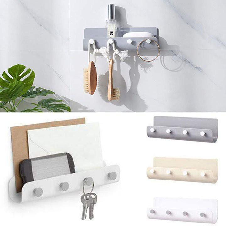 Kệ Dán Tường Có Khay Đỡ Kèm 4 Móc Treo