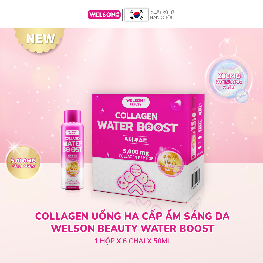 [H&B GIFTS] Collagen uống HA cấp ẩm sáng da Welson Beauty Water Boost hộp 6 chai x 50ml