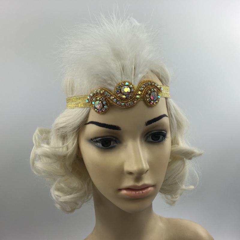 1920's Flapper Headpiece Great Gatsby Crystal Bridal Hair Band Feather Headb