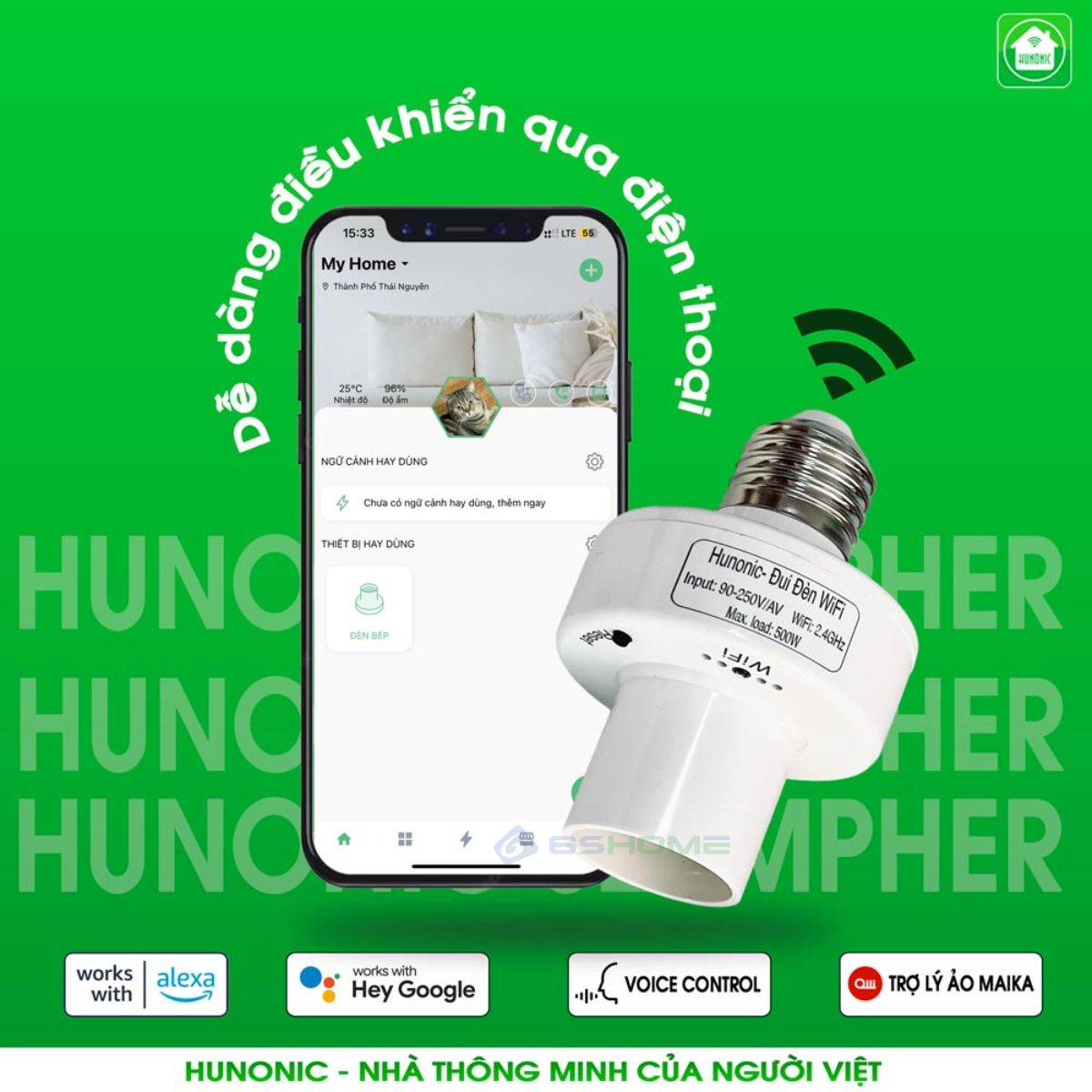 Đui Đèn Thông Minh WiFi Hunonic 500W, App Tiếng Việt, Điều Khiển Từ Xa Trên Điện Thoại, Hẹn Giờ, Điều Khiển Giọng Nói
