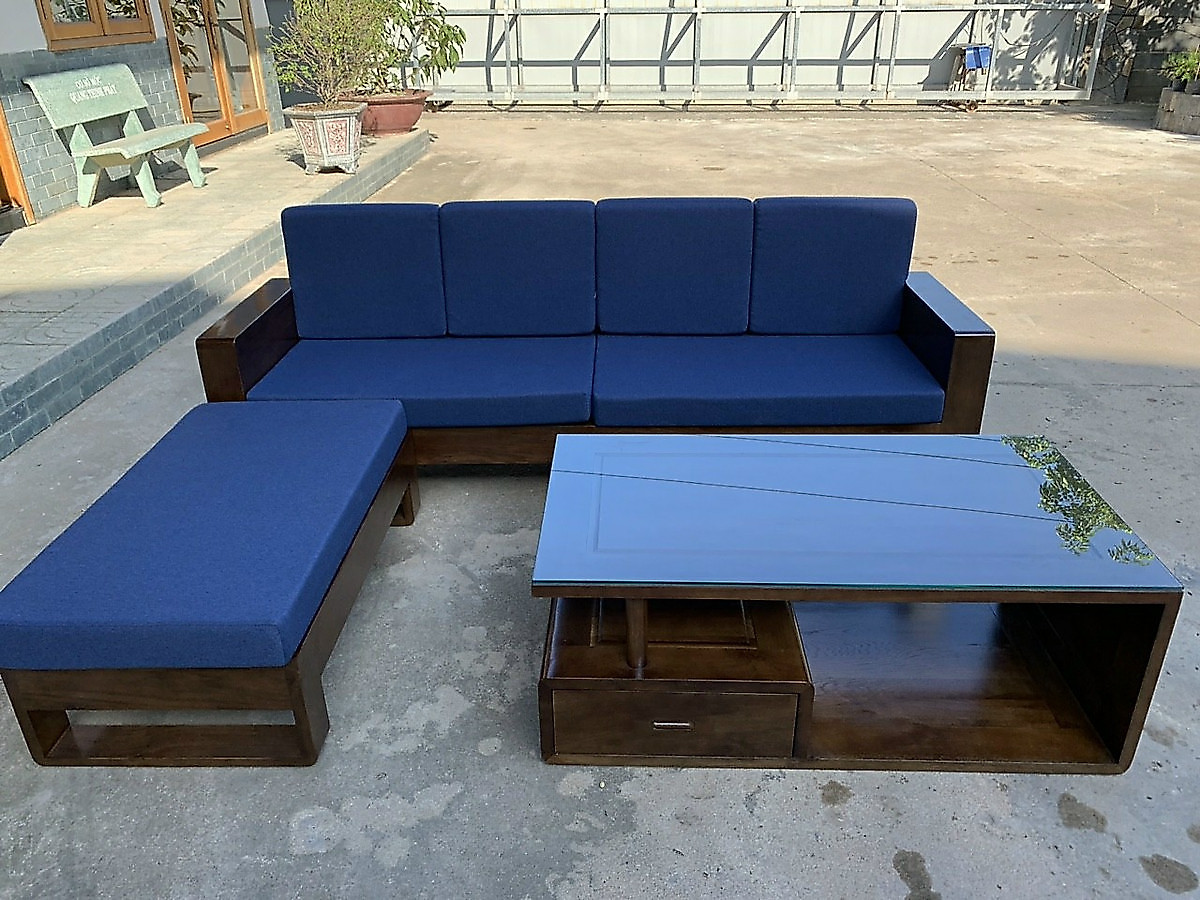 Bộ sofa gỗ sồi Tundo băng 2m3 kèm đôn góc linh hoạt và bàn trà gỗ