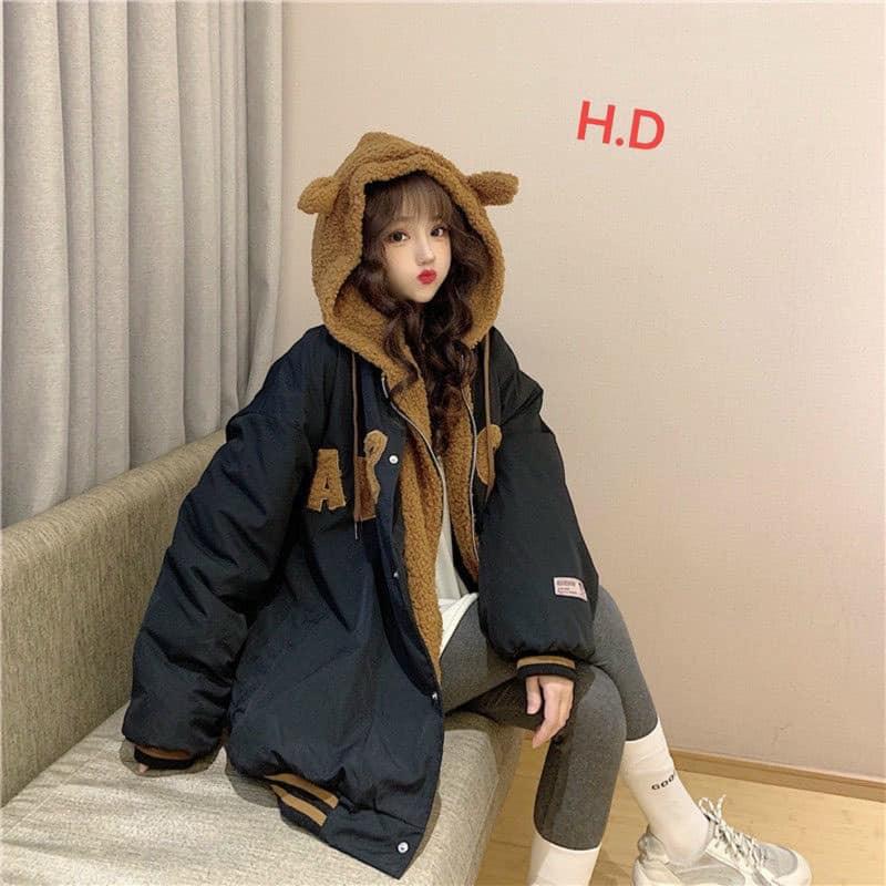 Áo Khoác Kaki Nữ Mũ Tai Gấu thêu chữ,Áo lông chầnlông mềm mịn siêu ấm mùa đông thời trang Hàn Quốc
