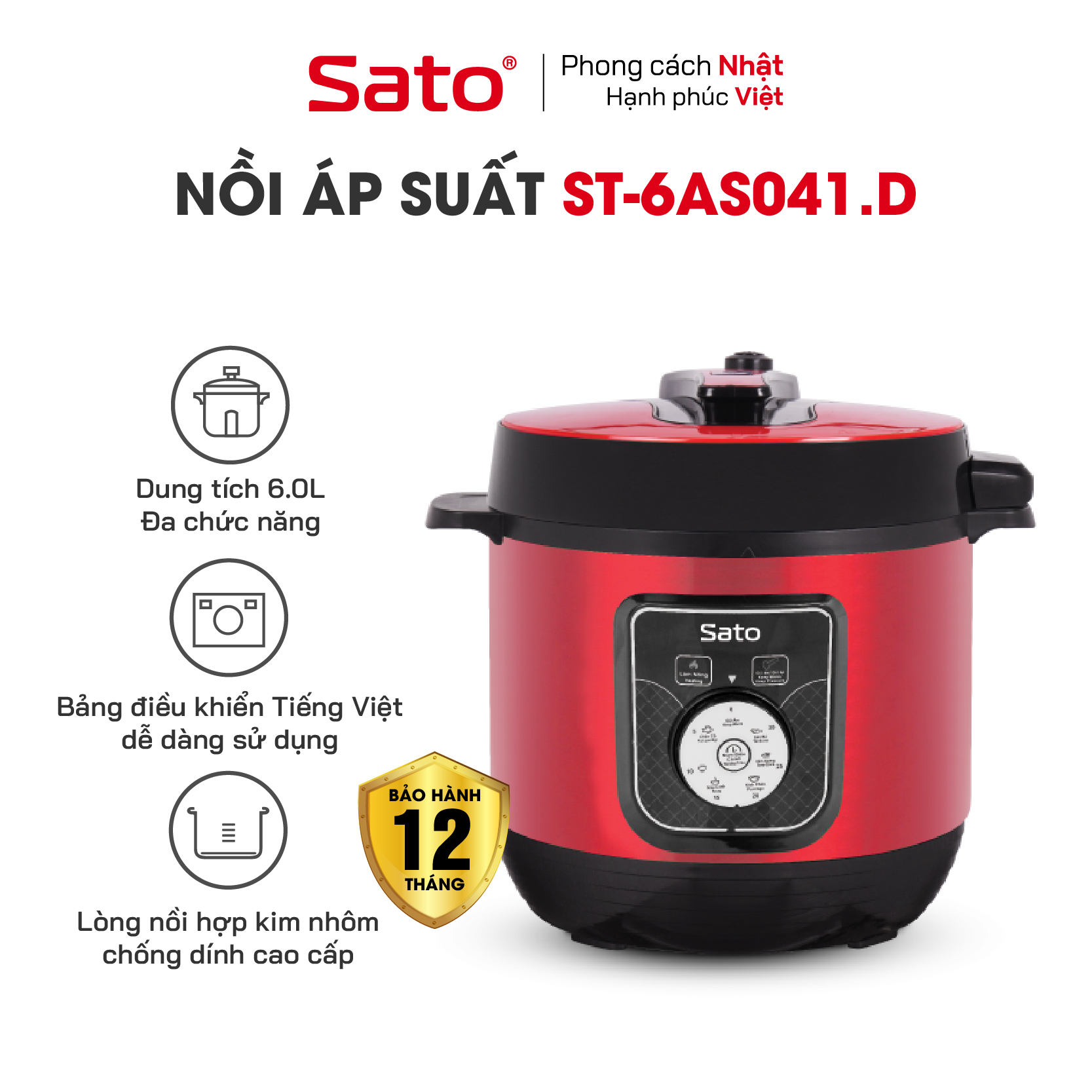 Nồi áp suất đa năng SATO 6AS041.D 6.0L - Nồi áp suất đa chức năng : nấu cơm, nấu cháo, hầm gân, ninh, súp, hấp, giữ ấm ... Dung tích : 6.0 lít phù hợp gia đình 4 - 6 người - Miễn phí vận chuyển toàn quốc - Hàng chính hãng