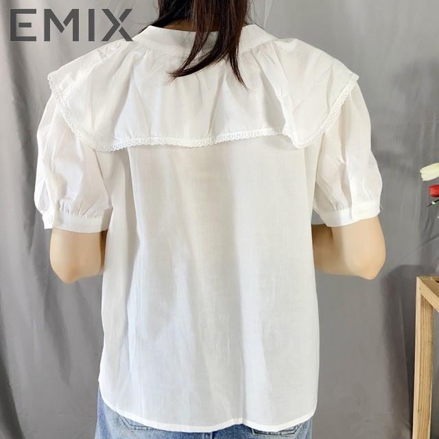 Áo sơ mi nữ họa tiết EMIX (màu trắng), ulzzang, dáng dài, form rộng, cổ V, cộc tay, tay bồng, vải lụa thô, không lộ