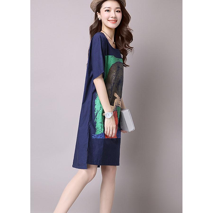 Đầm suông dạo phố in hình cô gái dễ thương, chất vải thô mềm mát, thích hợp mùa hè, hàng nhập Quảng Châu
