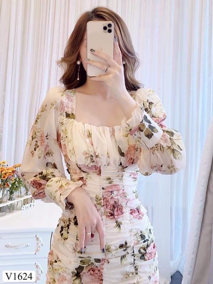 Váy hoa cổ vuông tay bồng sz M chất voan hai lớp rất đẹp
