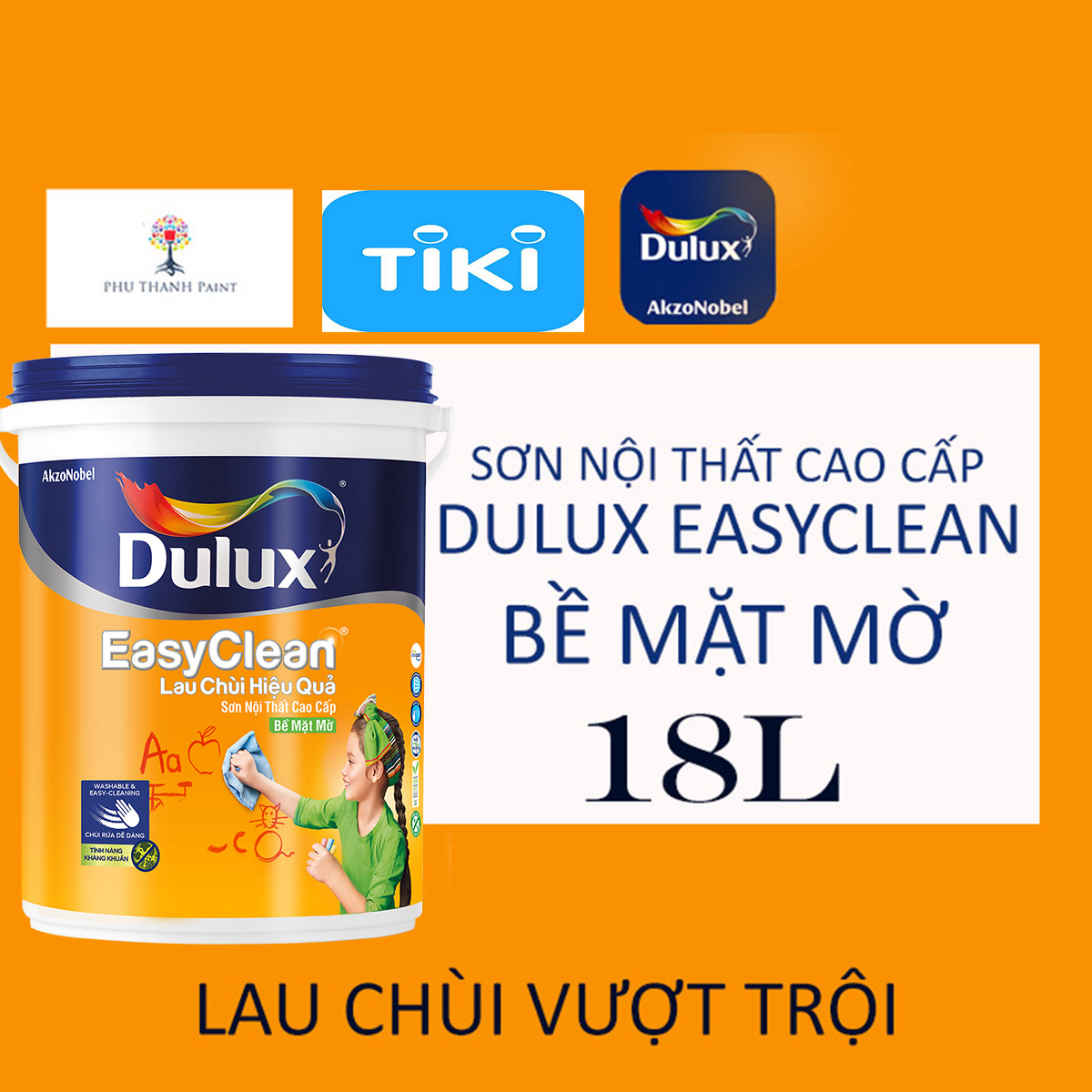 Sơn nước nội thất - Cao cấp - Dulux EasyClean Lau Chùi Hiệu Quả - Bề mặt mờ - 18L