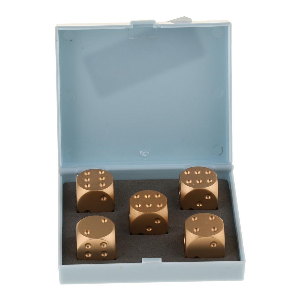 5pcs/set Gold Cube Dice Gift Role Play Games, fully aluminum alloy 6 sided spot dices with a storage box