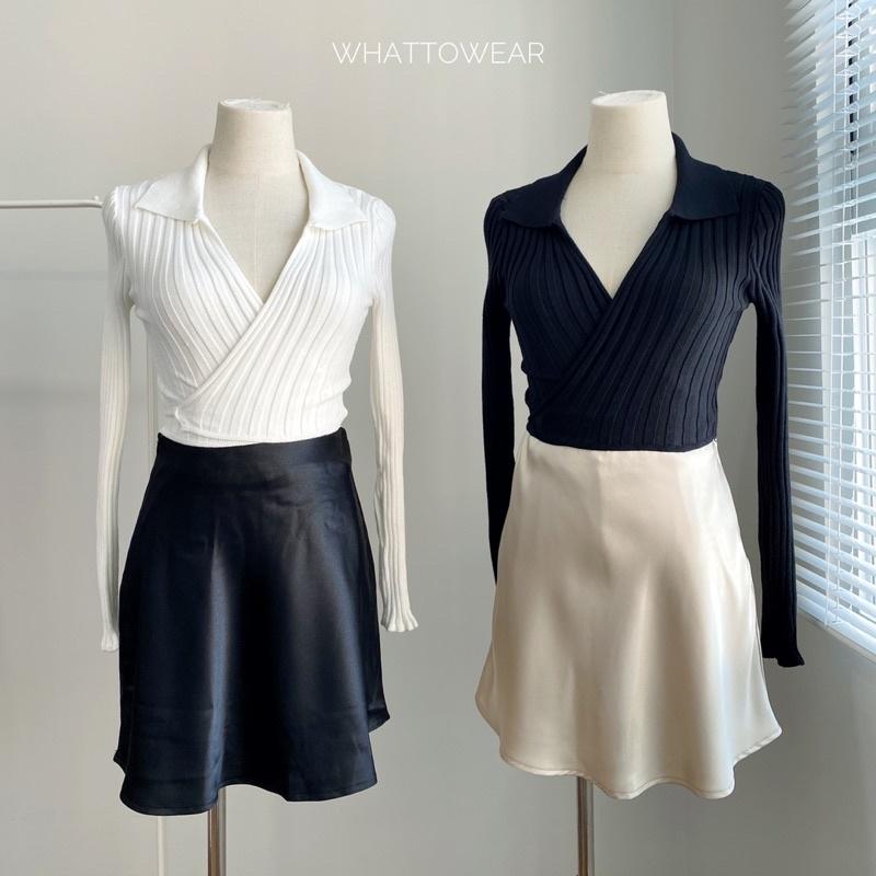 Áo croprop len gân đắp chéo cột dây cổ polo dài tay