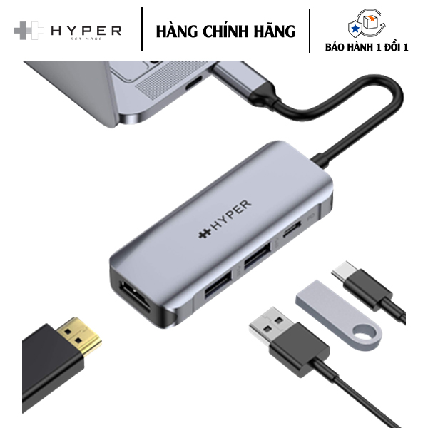 CỔNG CHUYỂN HYPERDRIVE HDMI 4K60HZ 4-IN-1 USB-C HUB (HD41)đa năng cho MacBook, iPad, Chromebook, PC và smartphone - Hàng Chính Hãng