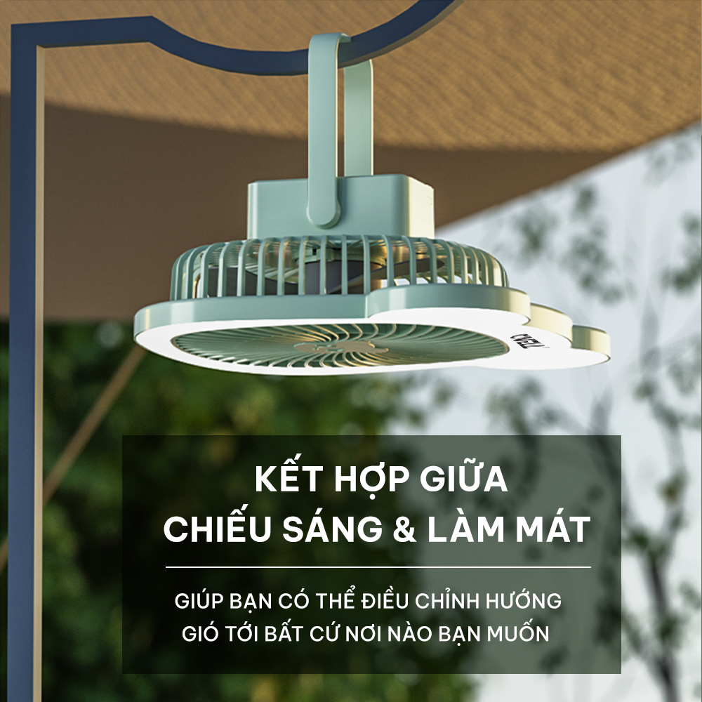 Quạt mini để bàn, quạt tích điện 3 tốc độ Cwell kèm dải 25 đèn Led, có móc treo - Tặng cáp sạc USB