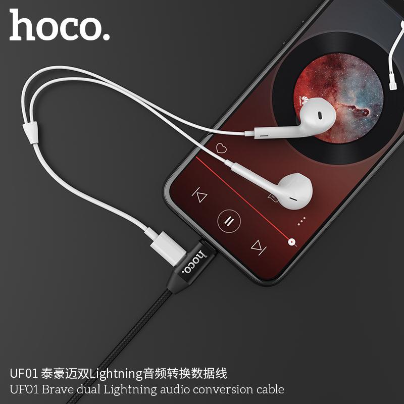 Cáp Sạc Nhanh Dây Dù Hoco UF01 2 in 1 Cho Iphone Kiêm Jack Cắm Tay Nghe Lighning - Vừa Nghe Nhạc Vừa Sạc Pin - Hàng Nhập Khẩu