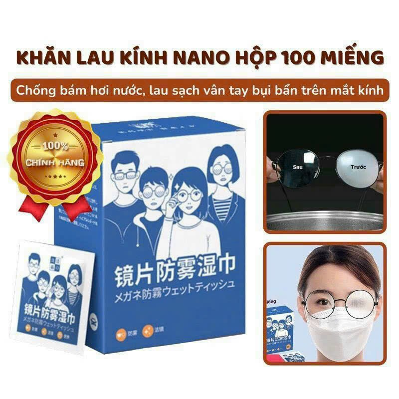 Khăn lau kính Nano hộp 100 miếng - Chống bán hơi nước, lau sạch vân tay bụi bẩn trên mắt kính - hot 2023