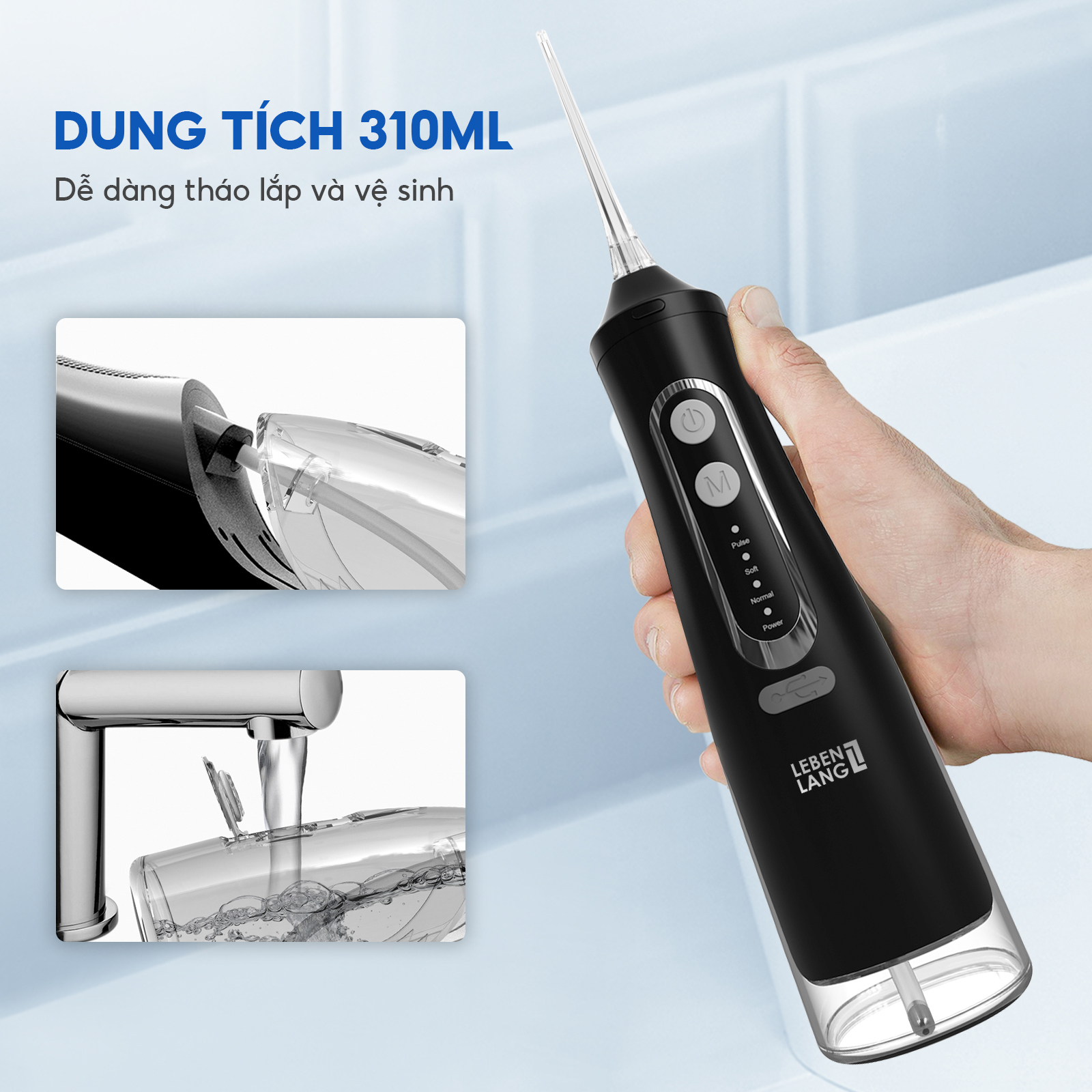 Máy tăm nước Lebenlang cầm tay LBT1488, 6W, chống thấm nước 2000mah, 310ml, tích hợp pin, bảo hành 2 năm - hàng chính hãng