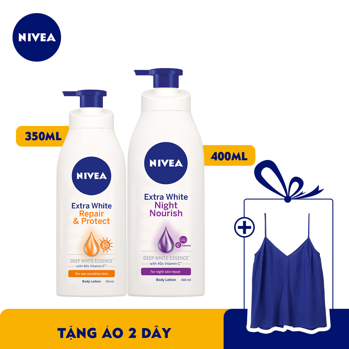 Bộ đôi Sữa Dưỡng Thể NIVEA Dưỡng Trắng Ban Ngày Giúp Phục Hồi &amp; Chống Nắng SPF30 (350ml) - 88311 &amp; Sữa Dưỡng Thể NIVEA Dưỡng Trắng Ban Đêm Giúp Phục Hồi &amp; Săn Da (400ml) – 88126 - Tặng Áo Thun Hai Dây