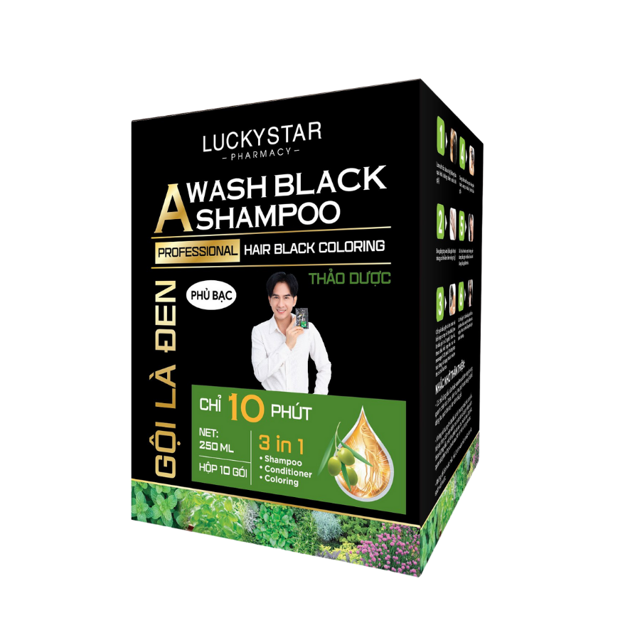 Dầu Gội Phủ Bạc Thảo Dược Cao Cấp. Gội Là Đen Lucky Star Chiết Xuất Nhân Sâm Và Thảo Mộc Tự Nhiên. Dầu Gội Nhuộm Tóc Giúp Tóc Đen Tự Nhiên, Khỏe Mạnh. Dầu Gội Đen Tóc Trong 10 Phút Ngay Tại Nhà, Phiên Bản Mới Có Lược - Hộp Dầu Gội Đen - 10 Gói 25Ml